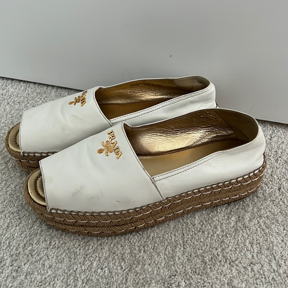 Prada White Leather Espadrille Platform Slides with Gold Logo